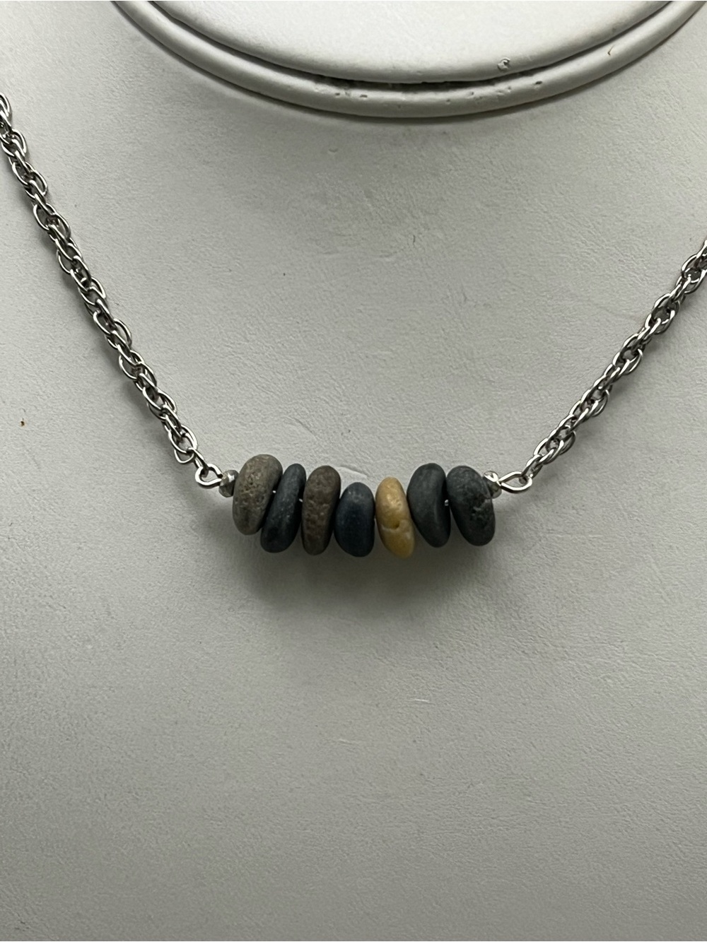 Handmade Natural Beach Rock Stone Bar Necklace | Silver Tone Chain Coastal